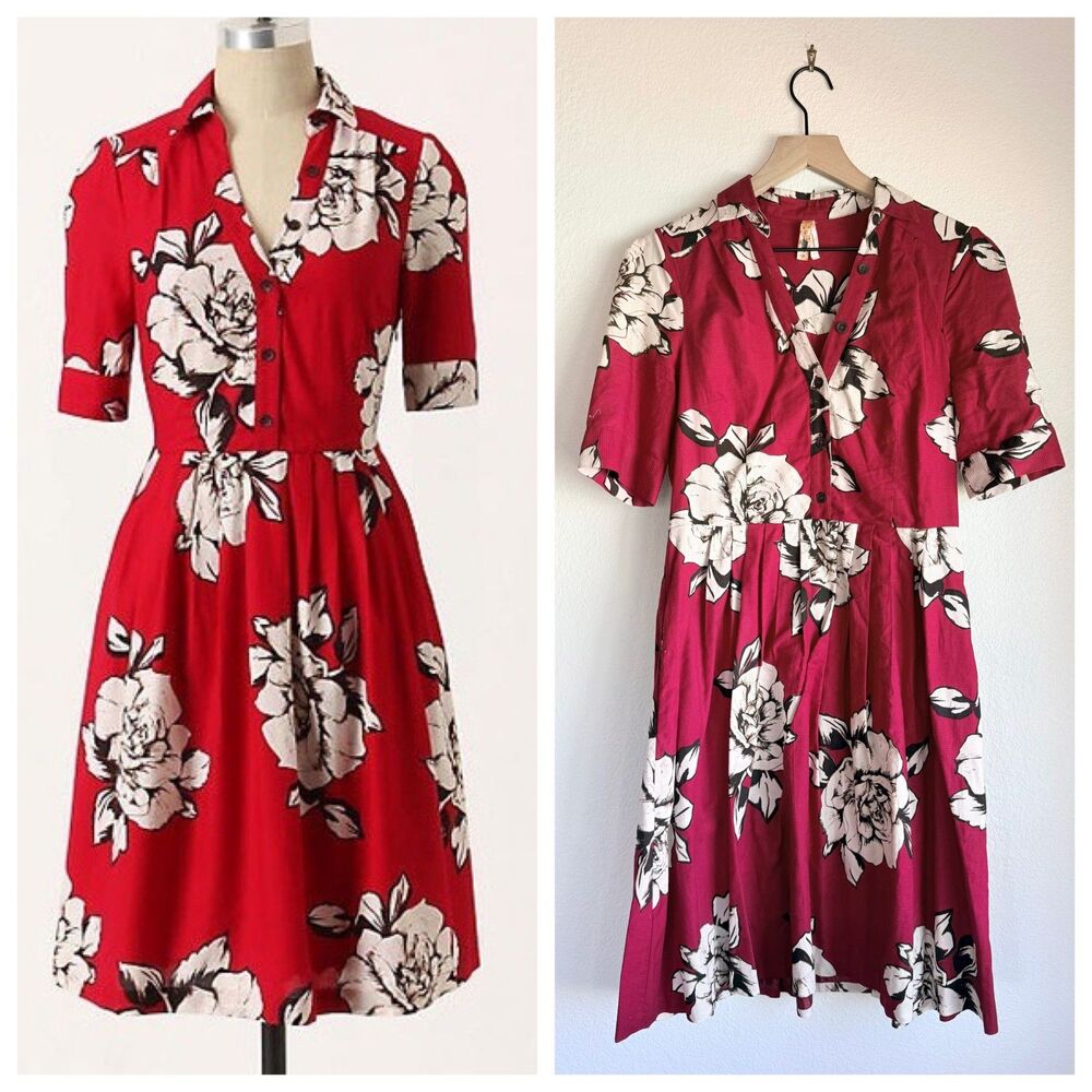 Anthropologie Maeve Dagmar Floral Shirt Dress Burgundy Red White Size 8 EUC